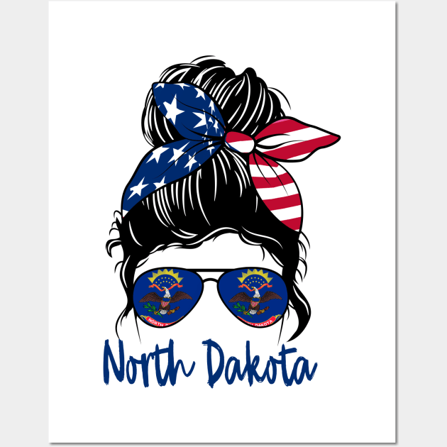 North Dakota girl Messy bun , American Girl , North Dakota Flag Wall Art by JayD World